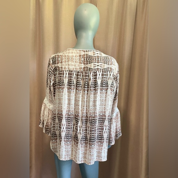 Haute Hippie Tribal Harlan White & Brown Bell Sleeve Large Boho Blouse - Picture 2 of 9